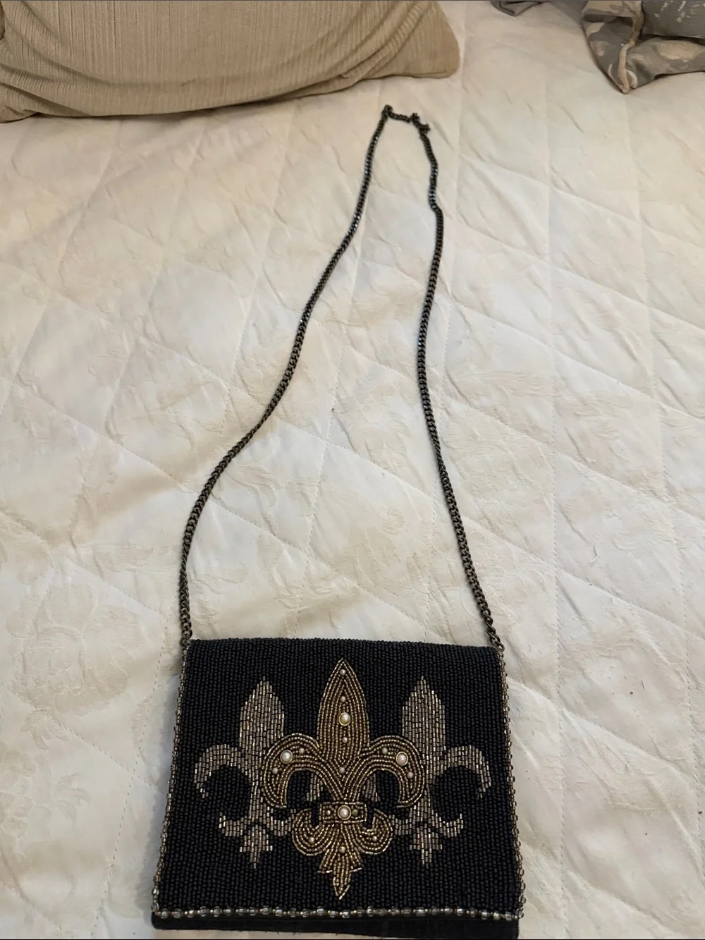 Mary Frances Beautiful Black Beaded Fleur-de-Lis Crossbody Bag